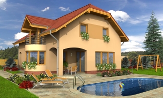 Maison de famille étroite avec garage et terrasse.